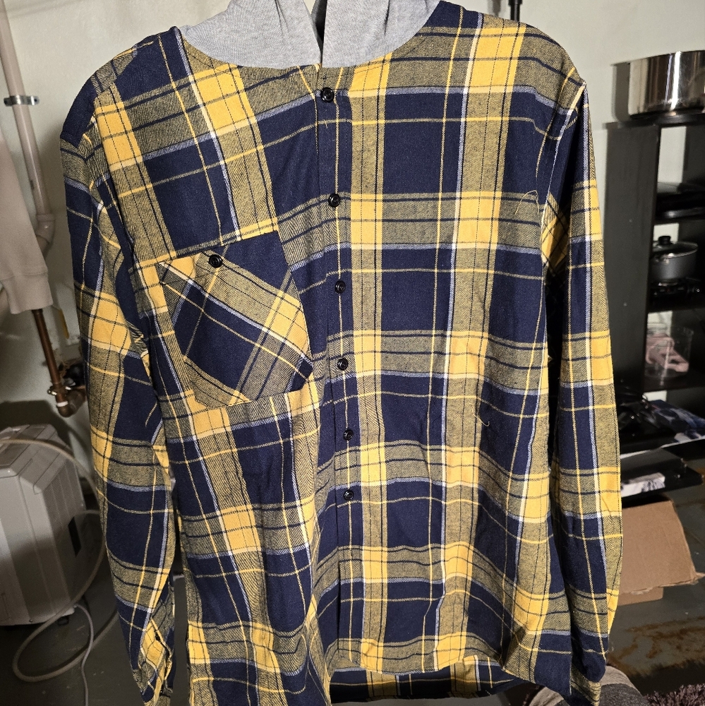 Yellow and Blue Plaid Button-Up Shirt with Gray Hood, Mens Size Large